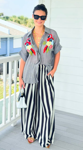 Tropical Bloom Parrot Embroidered Italian Button Top- Heather Grey