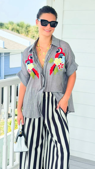 Tropical Bloom Parrot Embroidered Italian Button Top- Heather Grey
