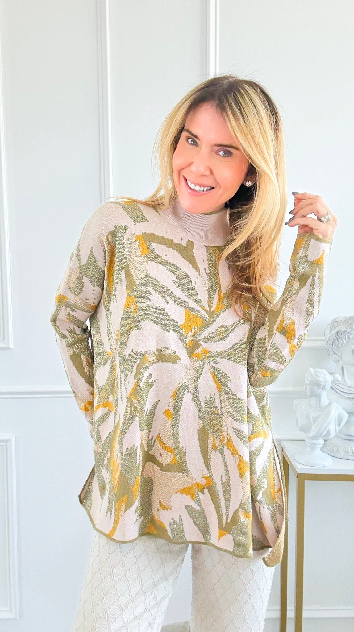 Turtle Neck Print Shimmer Sweater-140 Sweaters-Rousseau-Coastal Bloom Boutique, find the trendiest versions of the popular styles and looks Located in Indialantic, FL
