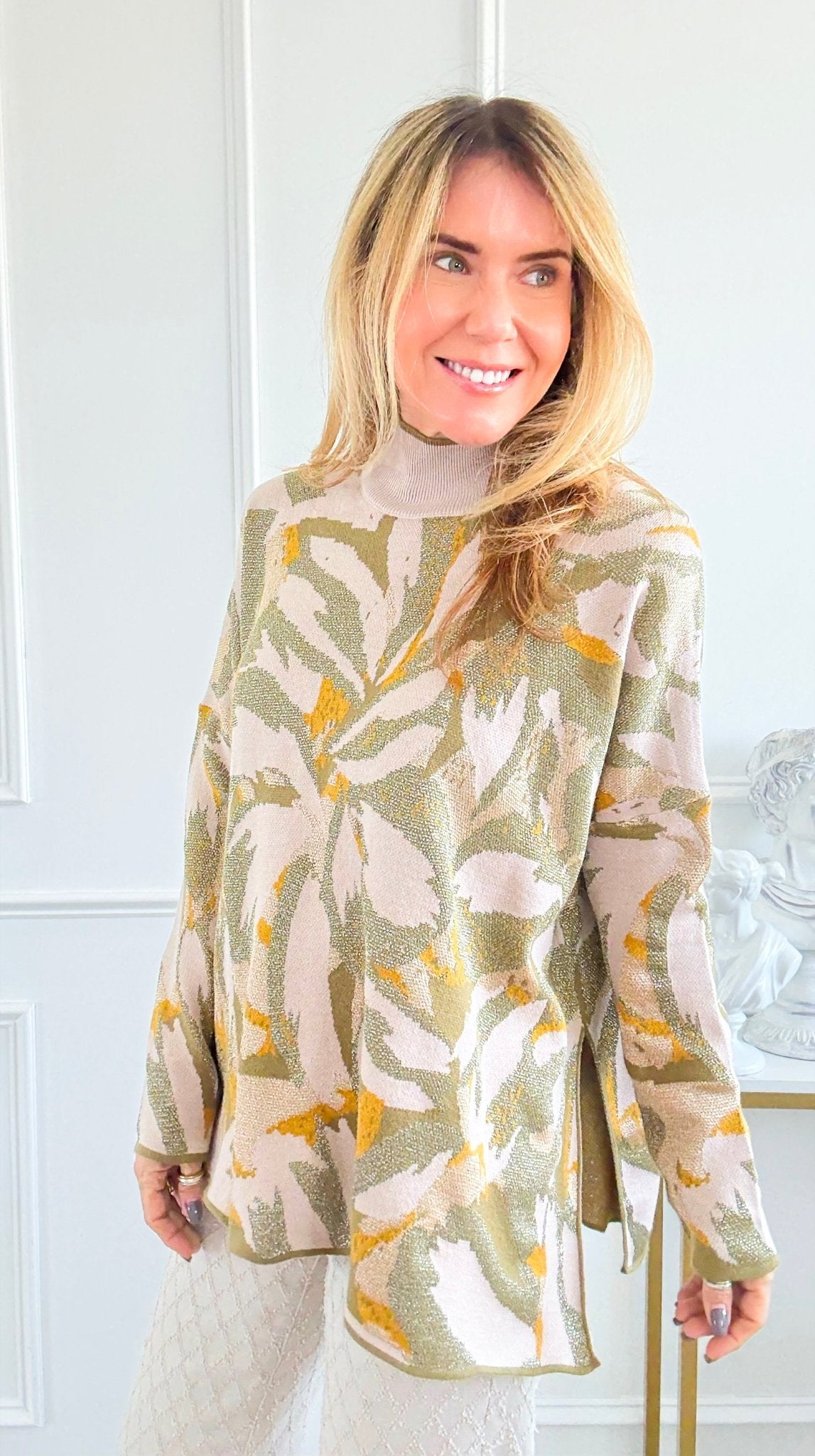 Turtle Neck Print Shimmer Sweater-140 Sweaters-Rousseau-Coastal Bloom Boutique, find the trendiest versions of the popular styles and looks Located in Indialantic, FL