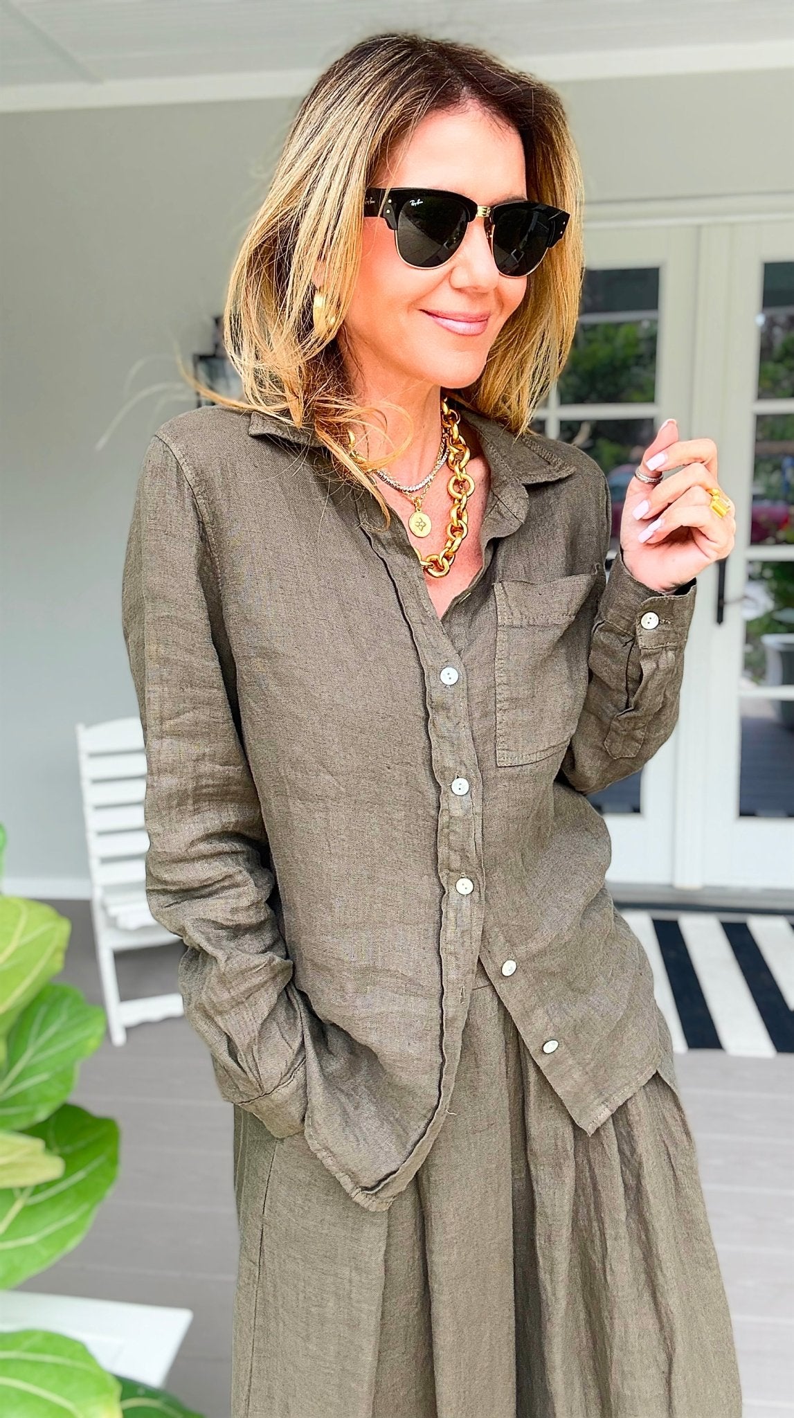 Tuscany Linen Italian Button Top- Army Green