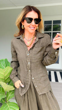 Tuscany Linen Italian Button Top- Army Green