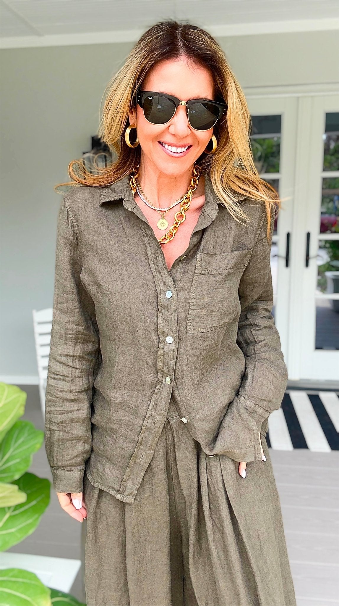 Tuscany Linen Italian Button Top- Army Green
