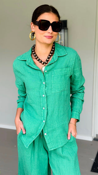 Tuscany Linen Italian Button Top- Kelly Green