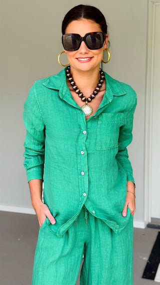 Tuscany Linen Italian Button Top- Kelly Green