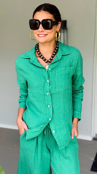 Tuscany Linen Italian Button Top- Kelly Green