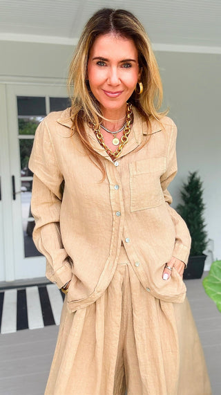 Tuscany Linen Italian Button Top- Light Camel