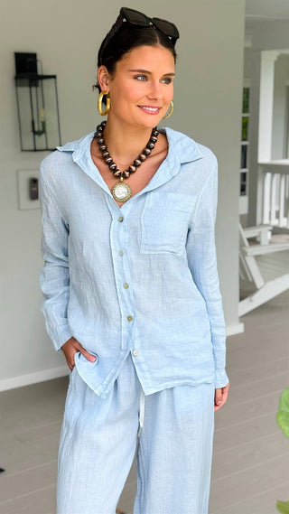 Tuscany Linen Italian Button Top- Sky Blue