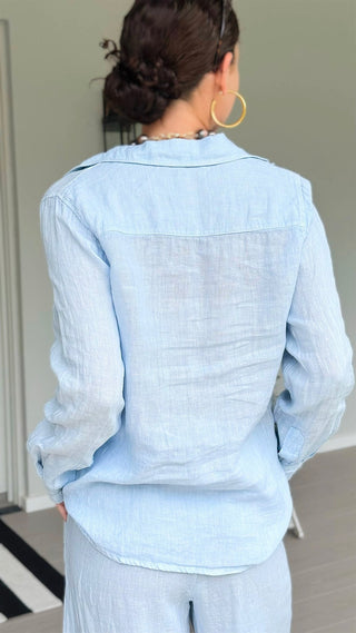 Tuscany Linen Italian Button Top- Sky Blue