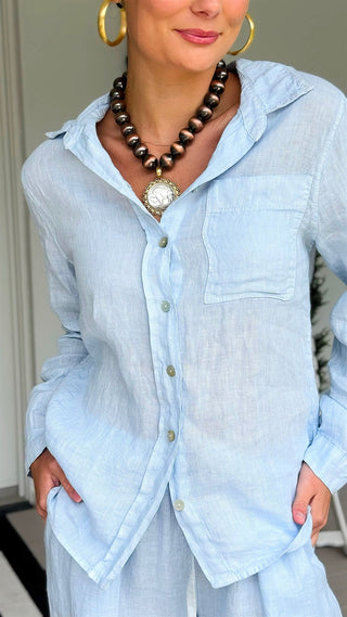 Tuscany Linen Italian Button Top- Sky Blue
