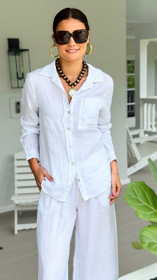 Tuscany Linen Italian Button Top- White