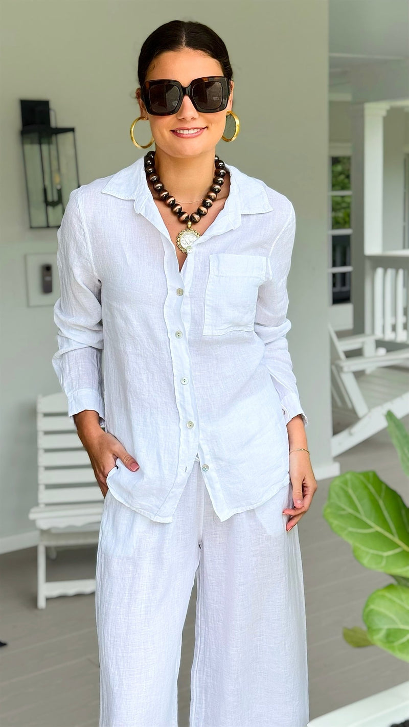 Tuscany Linen Italian Button Top- White – Coastal Bloom