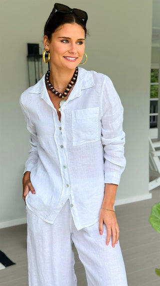 Tuscany Linen Italian Button Top- White