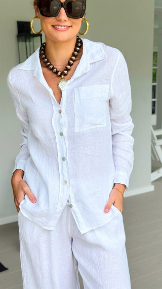 Tuscany Linen Italian Button Top- White