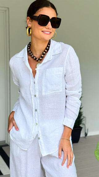 Tuscany Linen Italian Button Top- White