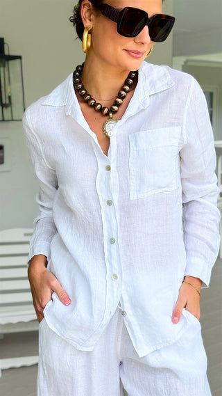 Tuscany Linen Italian Button Top- White