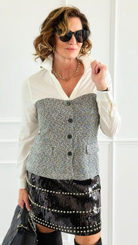 Tweed Contrast Detail Top-130 Long Sleeve Tops-Must Have-Coastal Bloom Boutique, find the trendiest versions of the popular styles and looks Located in Indialantic, FL