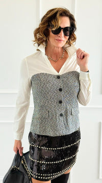 Tweed Contrast Detail Top-130 Long Sleeve Tops-Must Have-Coastal Bloom Boutique, find the trendiest versions of the popular styles and looks Located in Indialantic, FL
