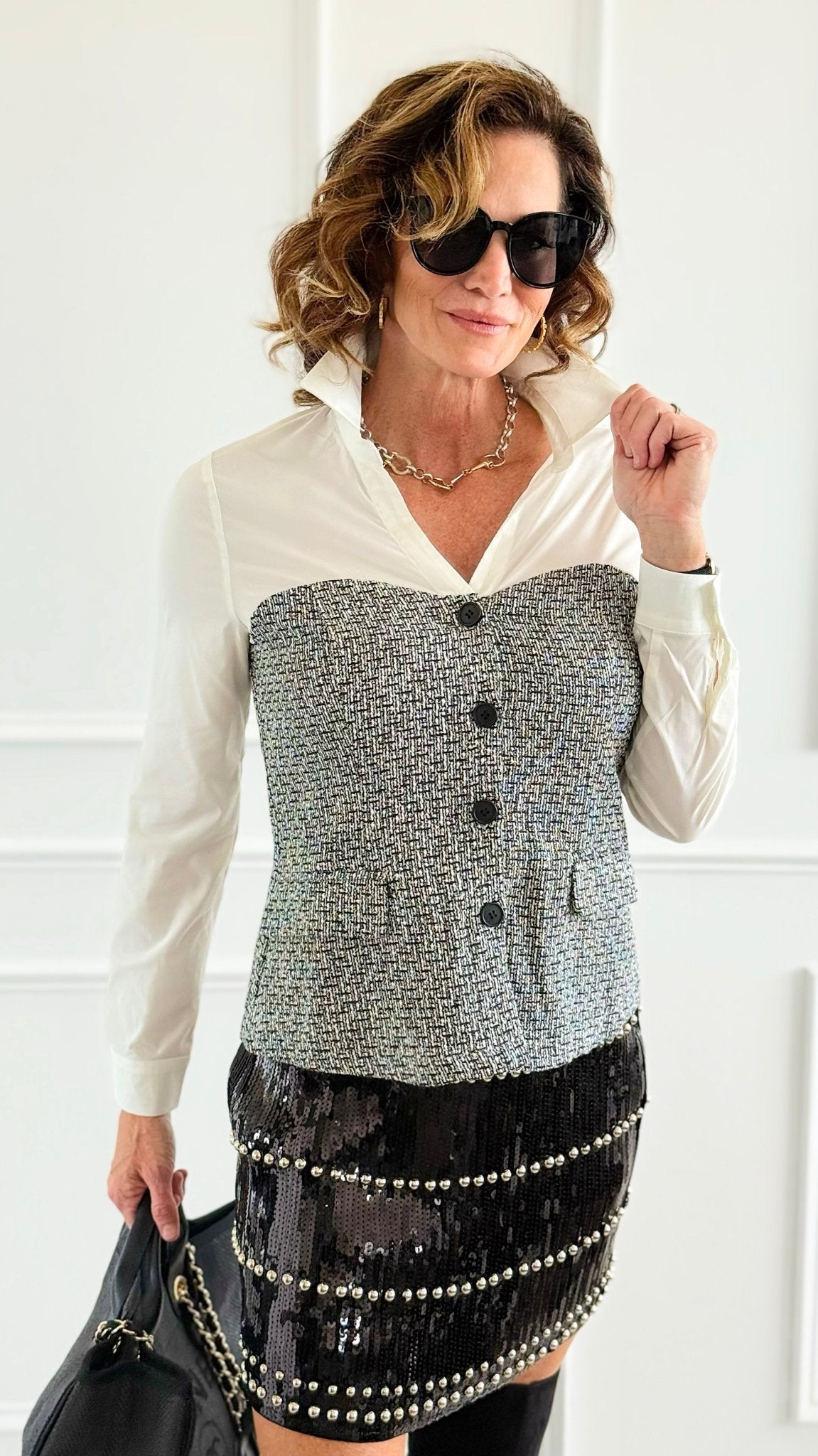 Tweed Contrast Detail Top-130 Long Sleeve Tops-Must Have-Coastal Bloom Boutique, find the trendiest versions of the popular styles and looks Located in Indialantic, FL