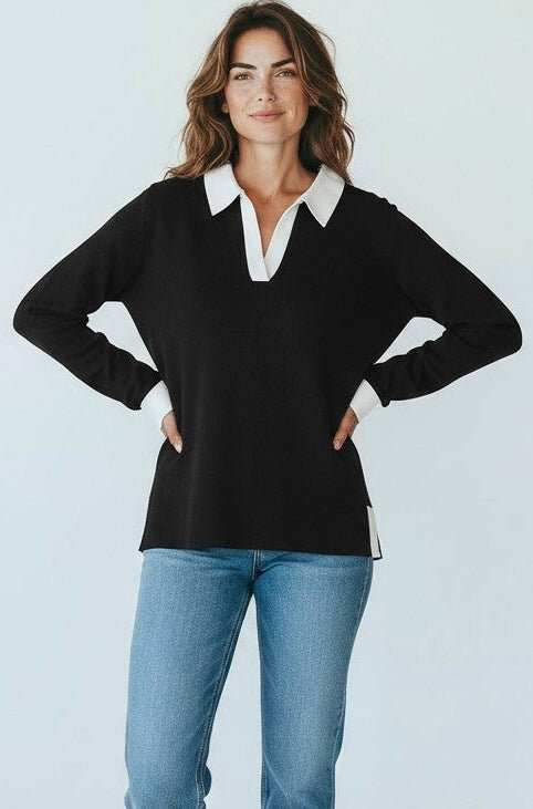 Two-Tone Scuba Collar Top - Black-110 Long Sleeve Tops-YELETE-Coastal Bloom Boutique, find the trendiest versions of the popular styles and looks Located in Indialantic, FL