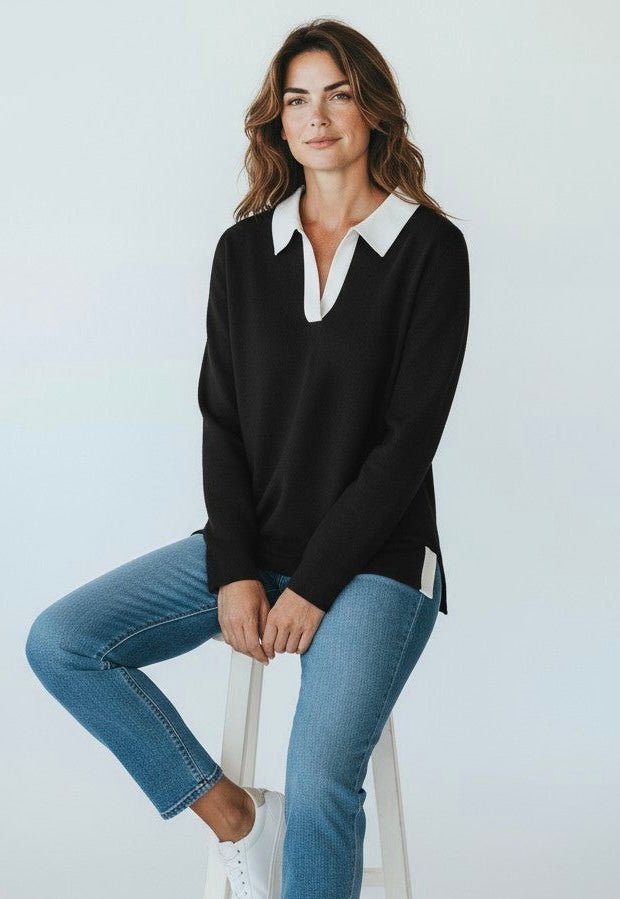 Two-Tone Scuba Collar Top - Black-110 Long Sleeve Tops-YELETE-Coastal Bloom Boutique, find the trendiest versions of the popular styles and looks Located in Indialantic, FL