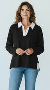 Two-Tone Scuba Collar Top - Black-110 Long Sleeve Tops-YELETE-Coastal Bloom Boutique, find the trendiest versions of the popular styles and looks Located in Indialantic, FL