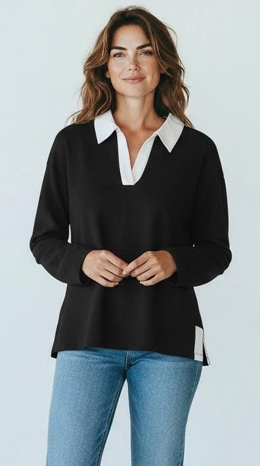 Two-Tone Scuba Collar Top - Black-110 Long Sleeve Tops-YELETE-Coastal Bloom Boutique, find the trendiest versions of the popular styles and looks Located in Indialantic, FL