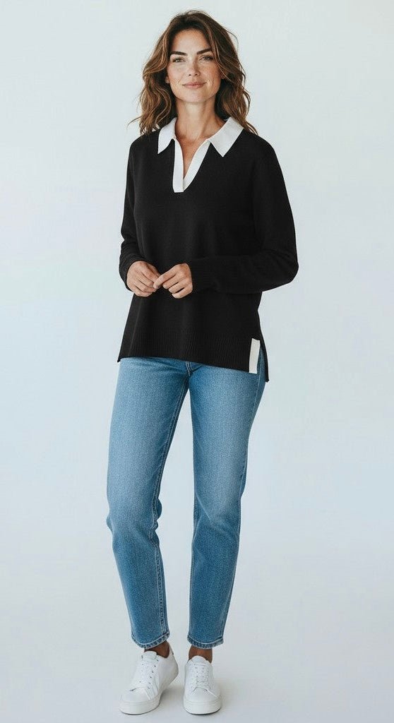 Two-Tone Scuba Collar Top - Black-110 Long Sleeve Tops-YELETE-Coastal Bloom Boutique, find the trendiest versions of the popular styles and looks Located in Indialantic, FL