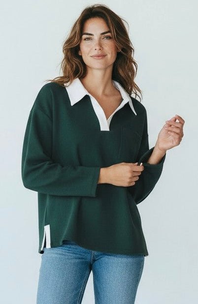 Two-Tone Scuba Collar Top - Dk. Green-110 Long Sleeve Tops-YELETE-Coastal Bloom Boutique, find the trendiest versions of the popular styles and looks Located in Indialantic, FL