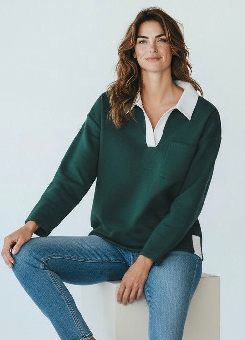 Two-Tone Scuba Collar Top - Dk. Green-110 Long Sleeve Tops-YELETE-Coastal Bloom Boutique, find the trendiest versions of the popular styles and looks Located in Indialantic, FL