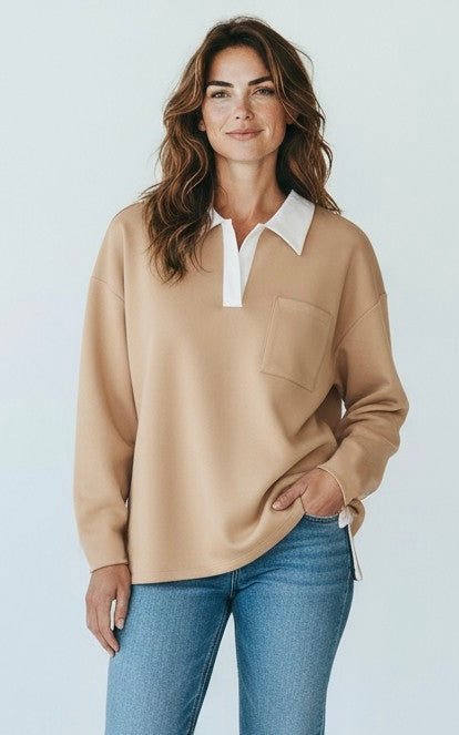Two-Tone Scuba Collar Top - Khaki-110 Long Sleeve Tops-YELETE-Coastal Bloom Boutique, find the trendiest versions of the popular styles and looks Located in Indialantic, FL