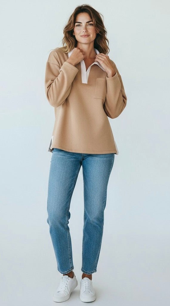 Two-Tone Scuba Collar Top - Khaki-110 Long Sleeve Tops-YELETE-Coastal Bloom Boutique, find the trendiest versions of the popular styles and looks Located in Indialantic, FL