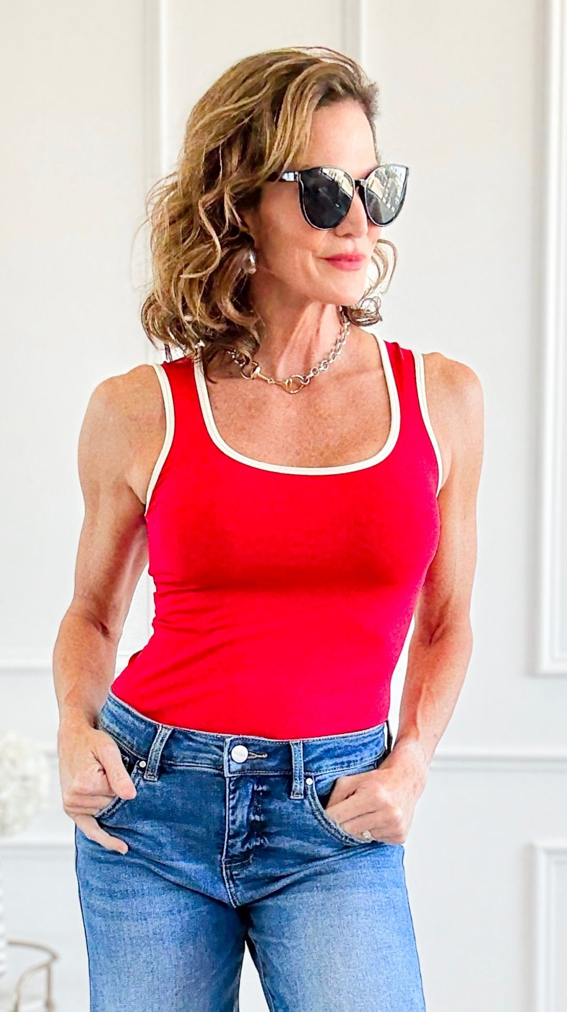 Two-Tone U Neckline Seamless Tank - Red/Ivory-100 Sleeveless Tops-YELETE-Coastal Bloom Boutique, find the trendiest versions of the popular styles and looks Located in Indialantic, FL