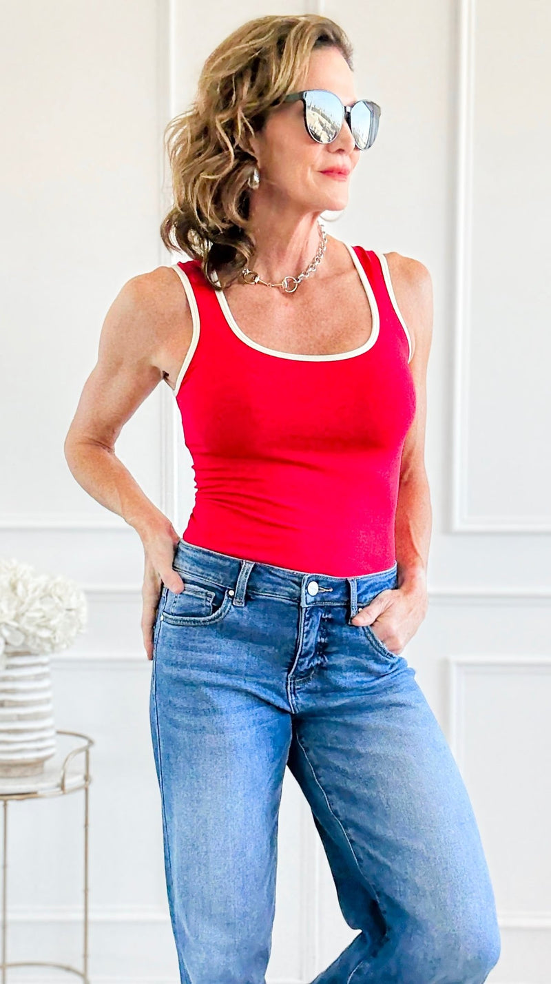 Two-Tone U Neckline Seamless Tank - Red/Ivory-100 Sleeveless Tops-YELETE-Coastal Bloom Boutique, find the trendiest versions of the popular styles and looks Located in Indialantic, FL