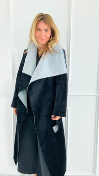 Two-Tone Wrap Belted Coat - Black-160 Jackets-V6-Coastal Bloom Boutique, find the trendiest versions of the popular styles and looks Located in Indialantic, FL