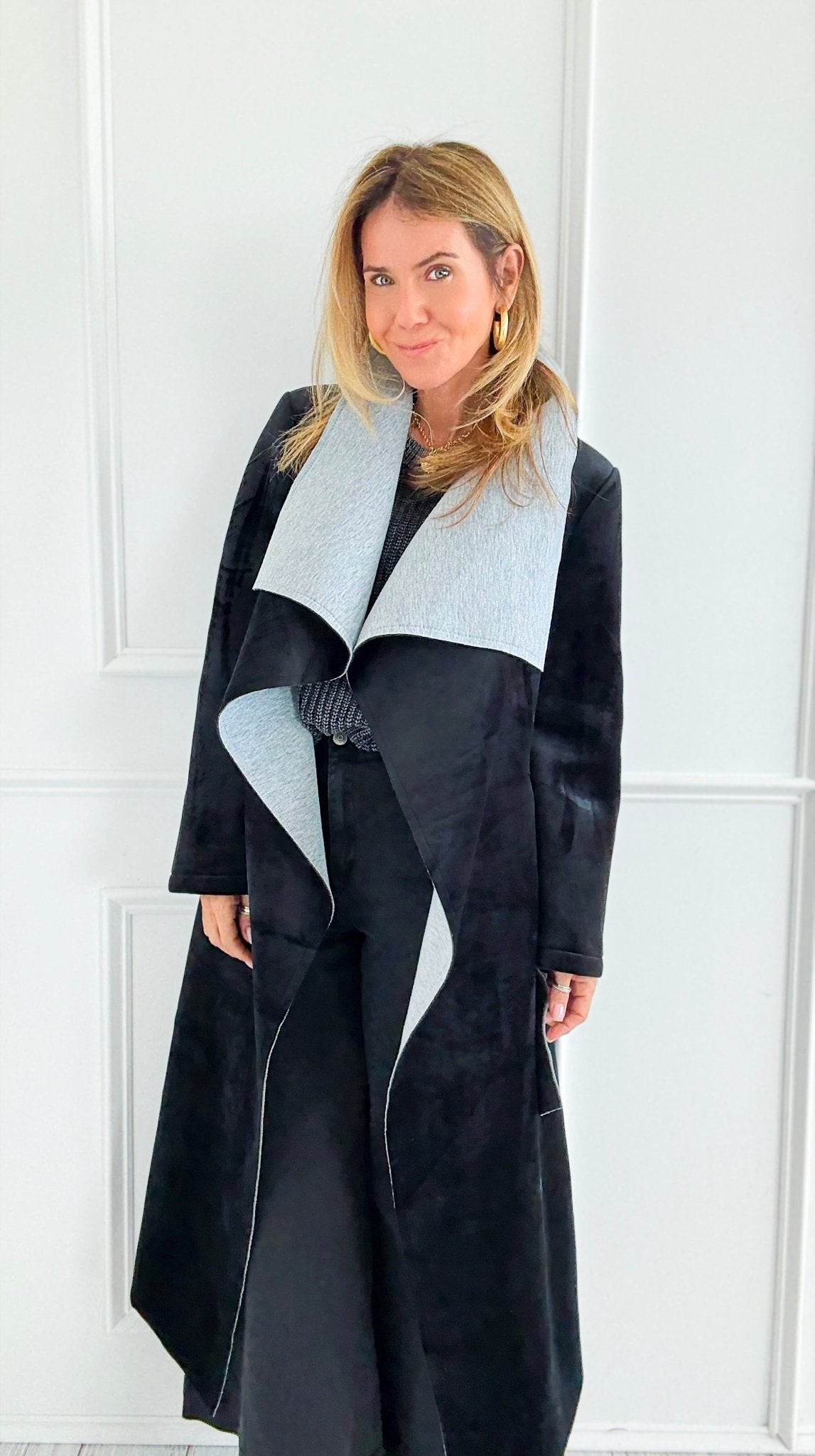Two-Tone Wrap Belted Coat - Black-160 Jackets-V6-Coastal Bloom Boutique, find the trendiest versions of the popular styles and looks Located in Indialantic, FL
