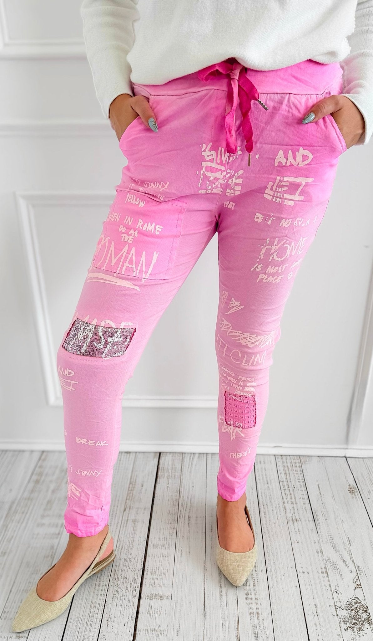 Urban Edge Graphic Italian Jogger- Pink-180 Joggers-SUNNY HOLIDAYS-Coastal Bloom Boutique, find the trendiest versions of the popular styles and looks Located in Indialantic, FL