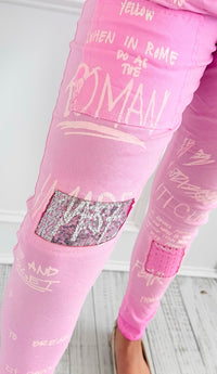 Urban Edge Graphic Italian Jogger- Pink-180 Joggers-SUNNY HOLIDAYS-Coastal Bloom Boutique, find the trendiest versions of the popular styles and looks Located in Indialantic, FL