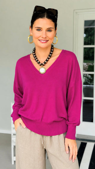 V-Neck Dolman Sleeve Lightweight Knit Top - Light Magenta