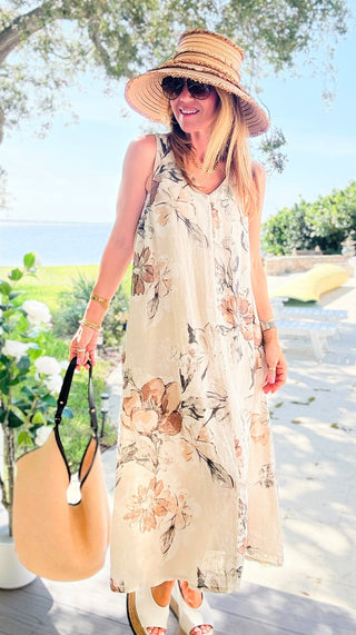 V-Neck Floral Sleeveless Linen Italian Dress