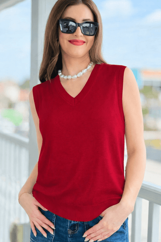 V Neck Sleeveless Sweater - Red