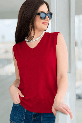 V Neck Sleeveless Sweater - Red
