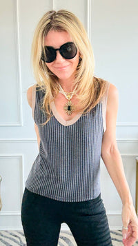 Varsity Vibes Contrast Knit Tank - Black