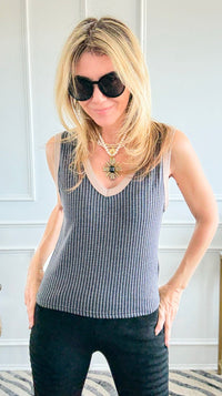 Varsity Vibes Contrast Knit Tank - Black