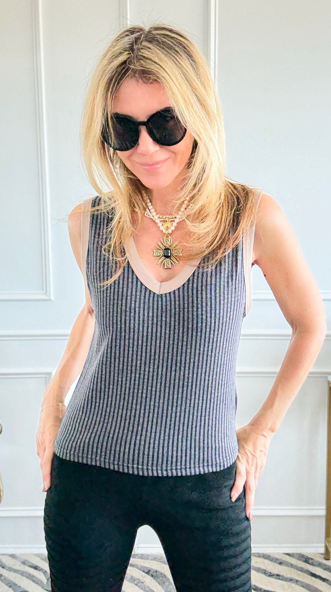 Varsity Vibes Contrast Knit Tank - Black