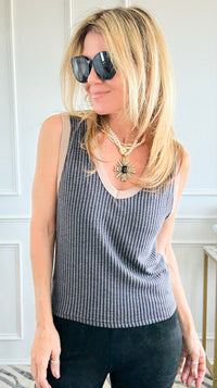 Varsity Vibes Contrast Knit Tank - Black