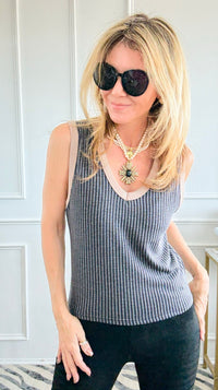 Varsity Vibes Contrast Knit Tank - Black