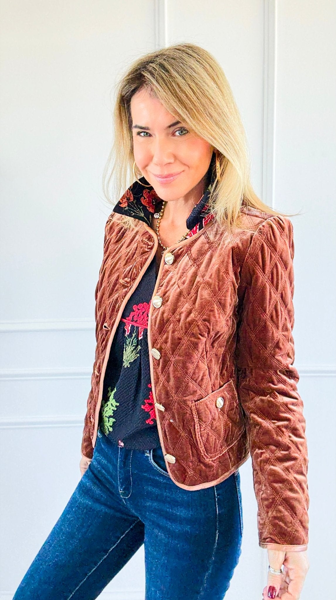 Velvet Bijou Quilted Jacket-160 Jackets-Fate Inc-Coastal Bloom Boutique, find the trendiest versions of the popular styles and looks Located in Indialantic, FL
