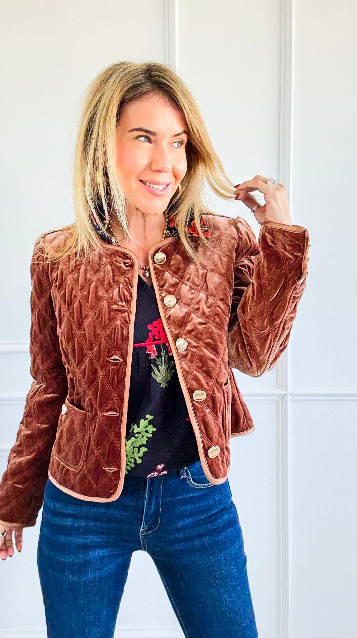 Velvet Bijou Quilted Jacket-160 Jackets-Fate Inc-Coastal Bloom Boutique, find the trendiest versions of the popular styles and looks Located in Indialantic, FL