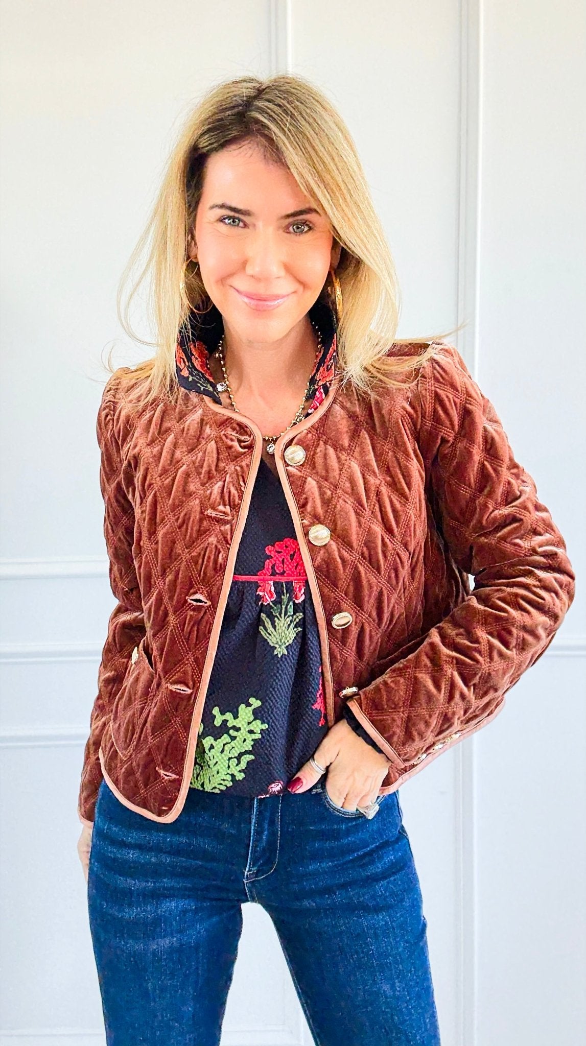 Velvet Bijou Quilted Jacket-160 Jackets-Fate Inc-Coastal Bloom Boutique, find the trendiest versions of the popular styles and looks Located in Indialantic, FL